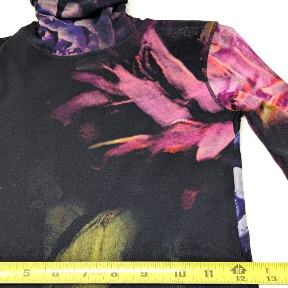 FUZZI Italy Bodycon Turtleneck Mesh Top Medium Black Floral - Picture 12 of 15